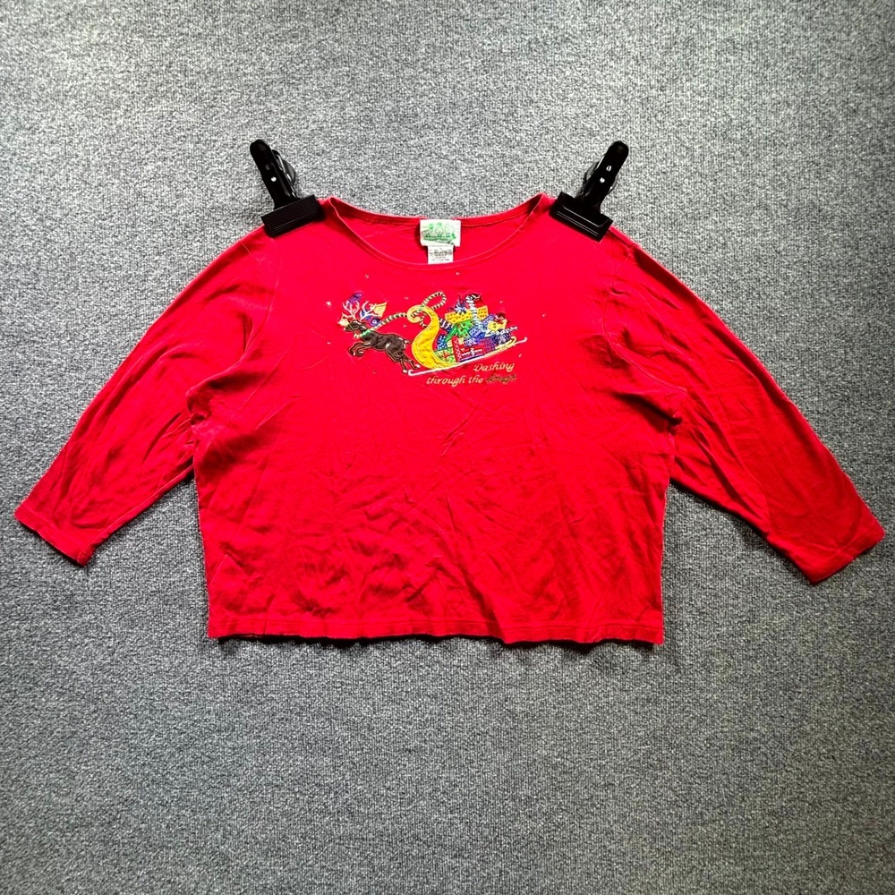Quacker Factory Christmas Knit Top Women 1X Red Dashing Through The Dough Sleigh